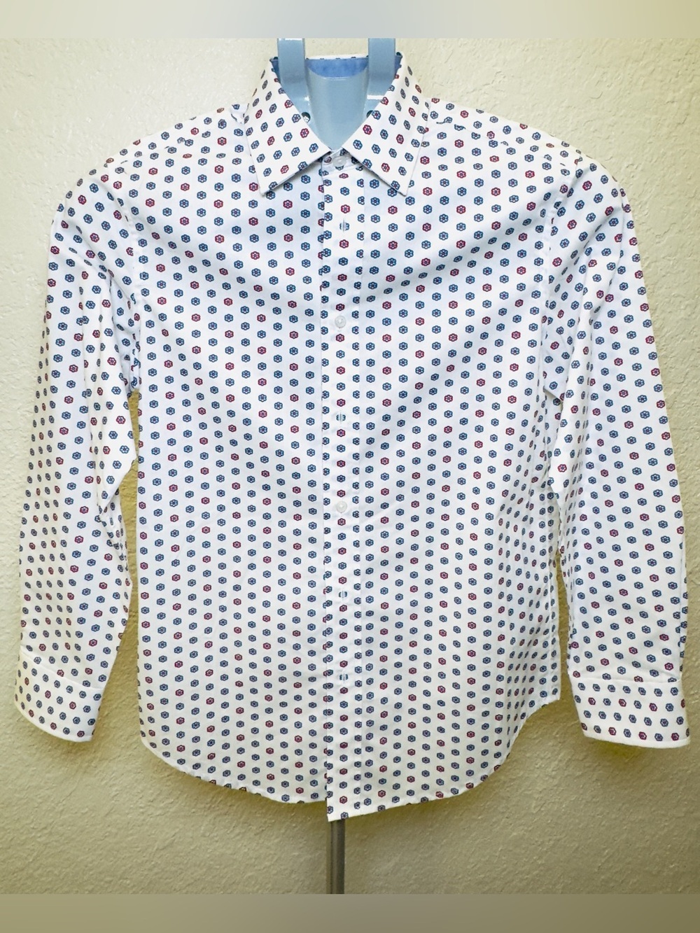 Ben Sherman Boys White Dress Shirt with Blue and Red Honeycomb Dots size 14